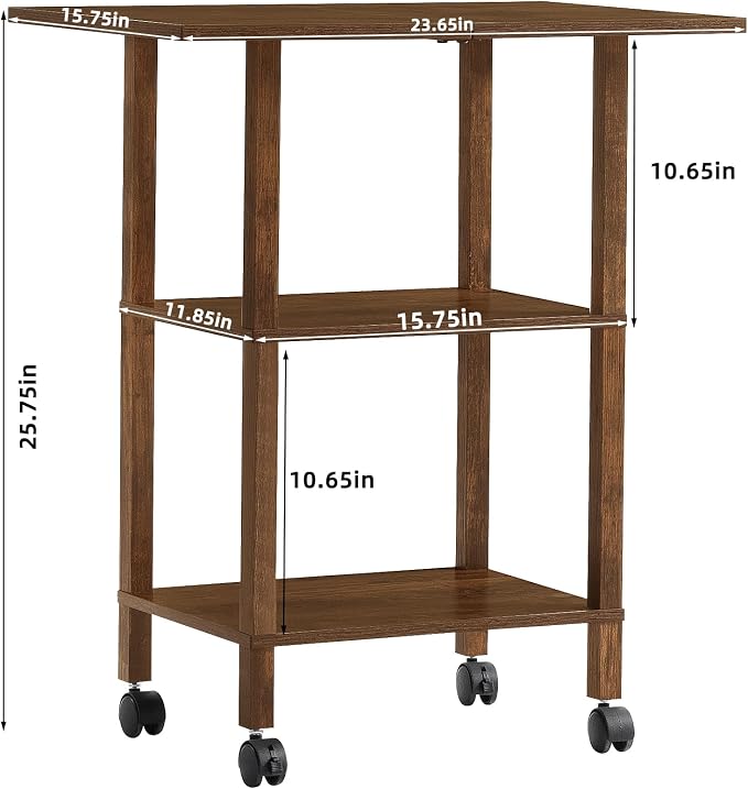 YUFAM 3 Tier Home Printer Stand with Storage, Brown | Wooden Mobile Printer Table Shelf, Rolling Printer Cart Shelf with Lockable Wheels fit Fax Machine, Scanner