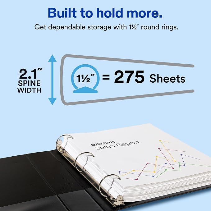 Avery Standard View 3 Ring Binders, 1.5" Round Rings, 275-Sheet Capacity, 2.1 Inch Wide Spine, Black Binders, Ideal for Lightweight Organization and Occasional Referencing (12-Pack of 05725)
