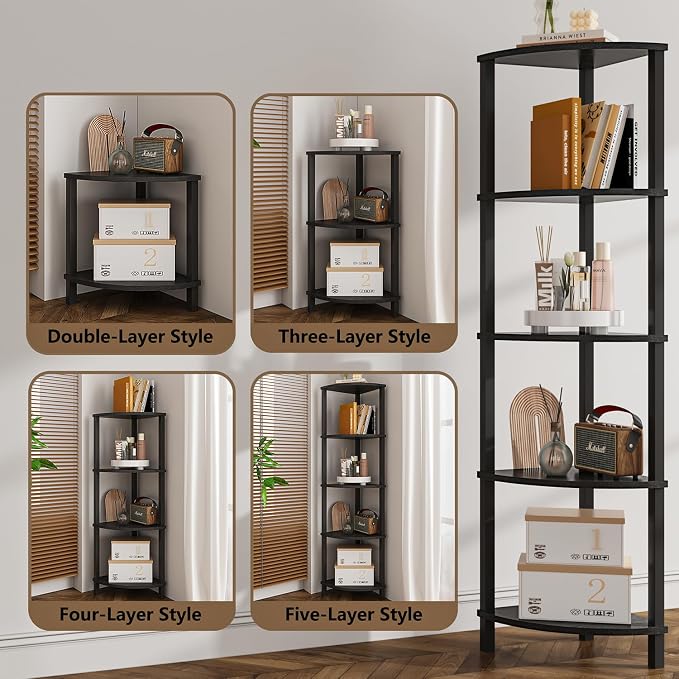 VIMBER Corner Shelf, 5-Tier Corner Bookshelf, Industrial Corner Ladder Shelf, Modern Display Shelf for Living Room, Bedroom, Kitchen, Home Office, Black UJSJ001B