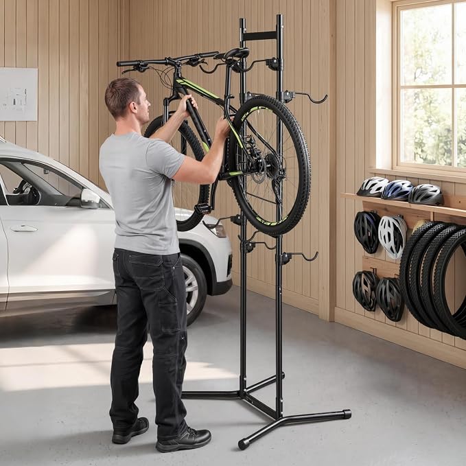 VEVOR Bike Stand for 4 Bikes, Freestanding Vertical Bike Storage Rack, with Height-Adjustable Hooks, Heavy-Duty Carbon Steel Garage Bicycle Floor Stand, Ideal for Garage, Apartment, Home, Black
