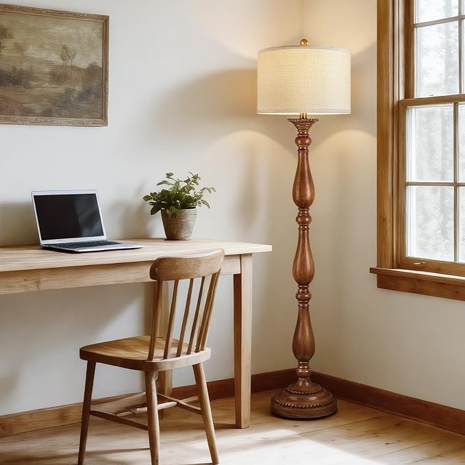 Vintage Floor Lamp for Living Room, Rustic Farmhouse Standing Lamp with Rotary Switch and Linen Shade, Retro Resin Floor Lamp for Bedroom, Corner, Dining Room, House Decor, Wood Grain