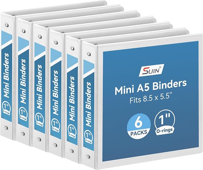 SUIN Mini 3 Ring Binder A5 Size 5.5"x8.5", 1" Round Ring 200 Sheet Capacity, Bulk 6 Pack White Binders for School Office