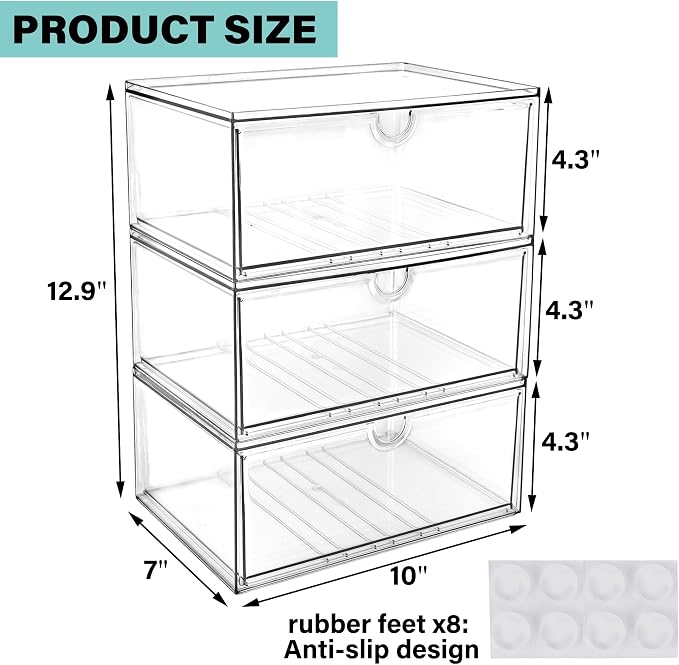 Prsildan Acrylic Makeup Organizer, 3 Pack Stackable Clear Storage Drawers for Baby Bottles Desk Organizers with 3 Drawers for Countertop Vanity Nursery Modular System for Cosmetics Jewelry