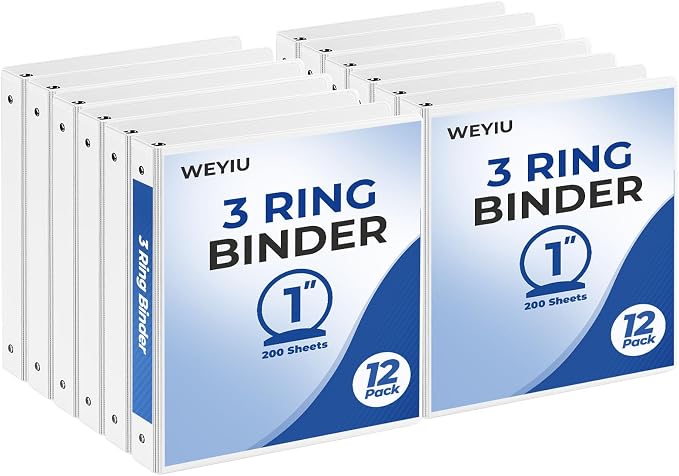1 Inch 3 Ring Binder with 2 Interior Pockets, Round Ring Binder Holds Up to 200 Sheets of 8.5'' x 11'' Letter Size Paper for Office,School&Home Organization (White,12-Pack)