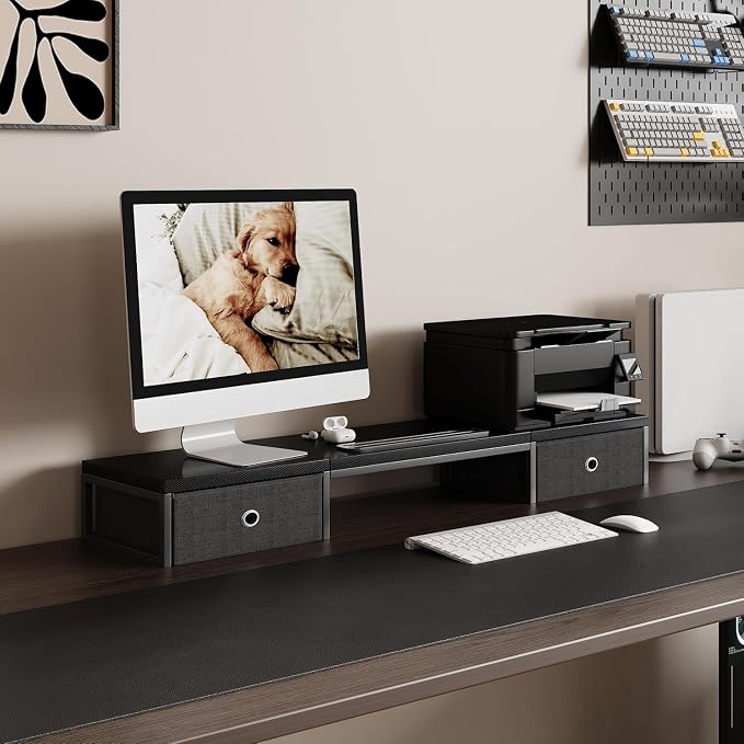 Mexin 39" Dual Monitor Stand Riser with 2 Storage Drawers, Carbon Fiber Computer Desk Organizer for 2 Monitors, Heavy Duty 100 Lbs Desktop Stand with Phone Tablet Holder for Home Office, Black