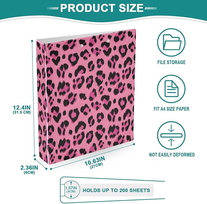 3 Ring Binder Hot Pink Black Leopard Print 1.5" Round Ring Binders View Binder with 200 Sheet for Kids School Supplies Women Men Office, 1 Pack