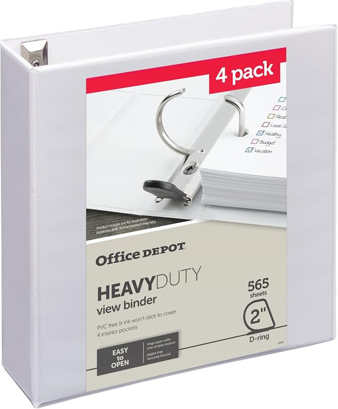 Office Depot® Heavy-Duty View 3-Ring Binder, 2" D-Rings, White, 49% Recycled, Pack of 4