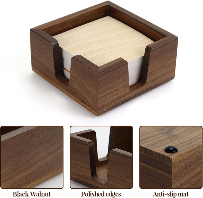 Buqoo Walnut Wood Sticky Note Holder Tape Dispenser Rhombic Pen Holder Set | 3pcs walnut wood desk accessories set with sticky note holder, tape dispenser and pen holder for an organized workspace