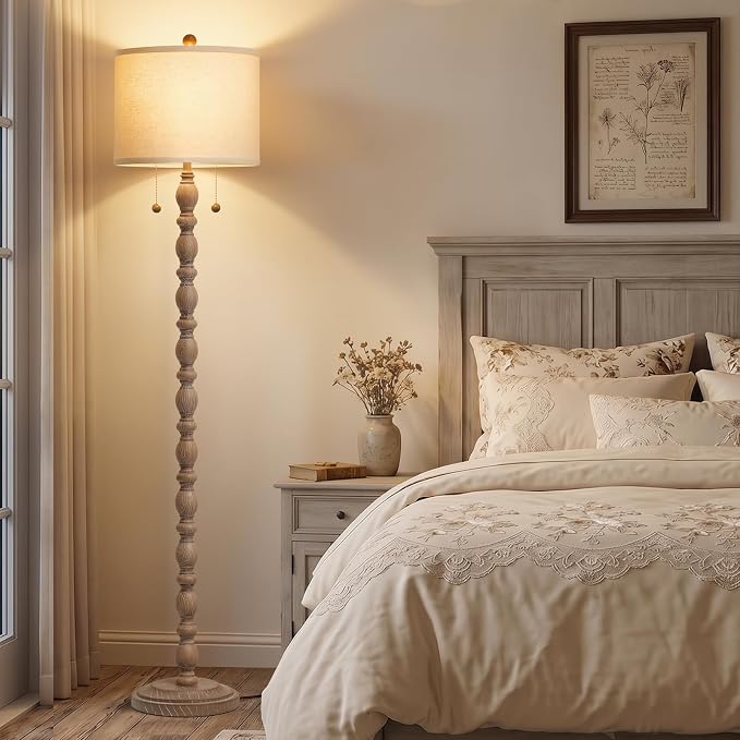 Luvkczc Farmhouse Floor Lamp for Living Room Bedroom, 62" Tall Standing Lamp with Dual Pull Chains, Vintage Resin Floor Lamp with 9W LED Bulb, Easy Assembly
