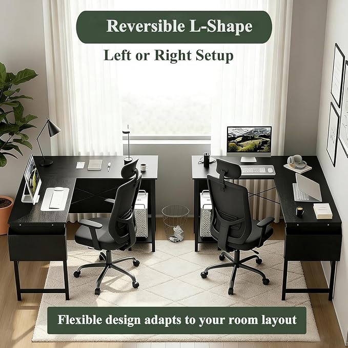 L Shaped Desk, 50 Inch Reversible Computer Desk Corner Gaming Table with CPU Stand & Storage Bag, Sturdy Metal Frame PC Workstation for Home Office, Black Wood | Storage Bag, Black Corner Gaming Table, Sturdy Metal Frame, PC Workstation for Home Office