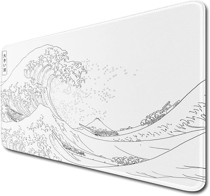 Large Gaming Mouse Pad with Stitched Edges,Non-Slip Base Desk Pad,White Wave of Japanese Kanagawa Mouse Pad,XXL 15.7x35.4 inch Extended Keyboard Pad Long Desk Pad for Office and Game