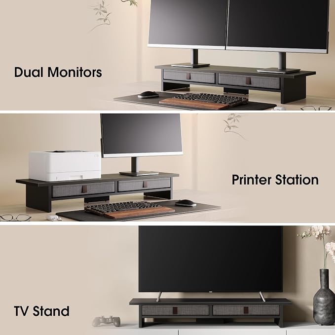 Fenge 35 Inch Monitor Stand with Drawer Storage, Computer Riser for Desk | Wooden Computer Shelf, 2 Tiers, for Dual Monitor/Laptop/PC/TV/Printer up to 55Lbs, Home Office Desk Organizer