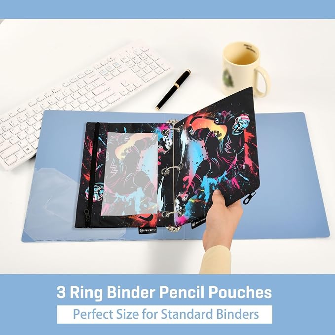Hockey Player Pencil Pouch for 3 Ring Binder, 2 Pack Waterproof Pencil Bags Clear Window Zipper School Office Supplies