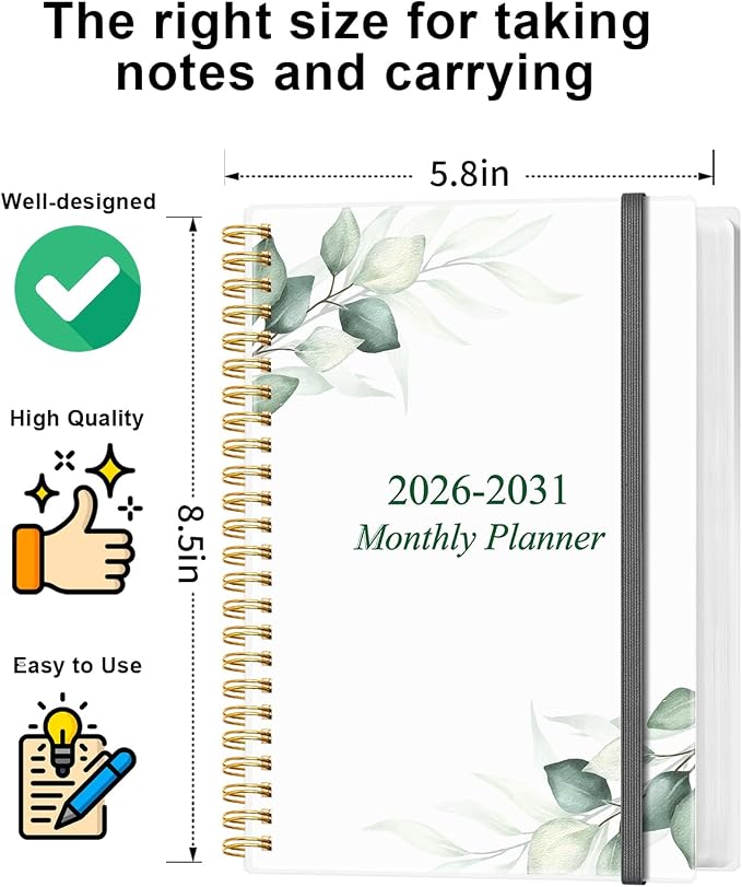 2026-2031 Monthly Planner - 60 Month PLanner Calendar from July 2026 to June 2031, 5 Year Planner 2026-2031 with Flexible Cover, Inner Pocket, Perfect for Home | School | Office, 5.8" x 8.5", Green Leaf