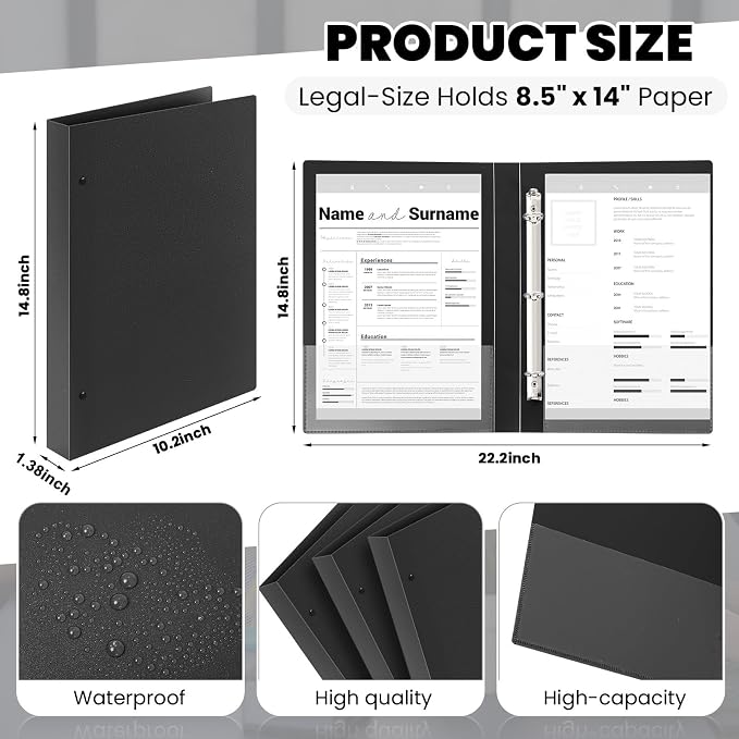 Henoyso 4 Pcs Legal Size Durable 3 Ring 1 Black Binder for 8.5 x 14 Paper Hold up to 175 Sheets Round Ring Binders for Artwork Blueprints, Office, Home, Work Places