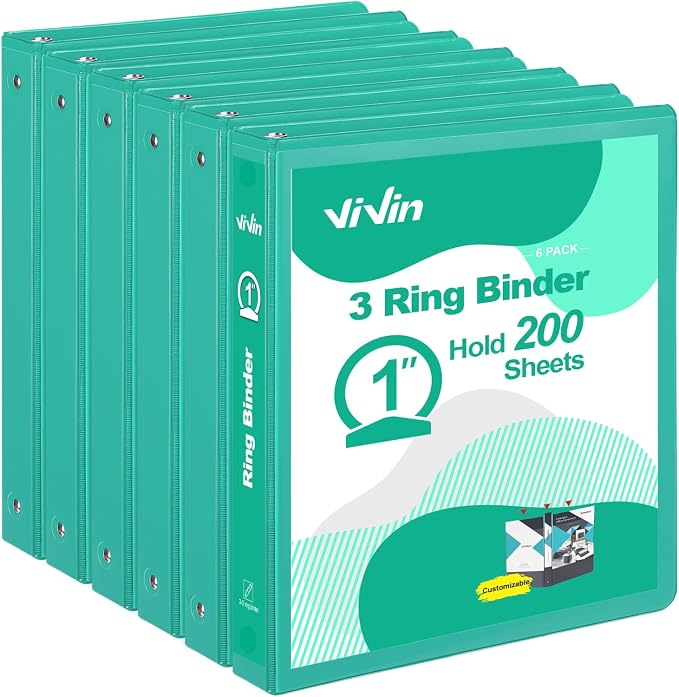 ViVin 1 Inch Round Ring View Binder for Durability, 6-Pack (Lake Green) | Standard 3 Ring Binder for 200 Sheets of US Letter Size Paper, PVC-Free, Clear View Cover, Office Home School Use