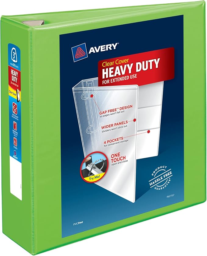 Avery Heavy-Duty View 3 Ring Binder, 3" Rings, 1 Chartreuse Binder | For Heavy School, Home and Office Use, DuraHinge Tear-Resistant Spine, DuraEdge Split-Resistant Sides, Clear Cover Overlays