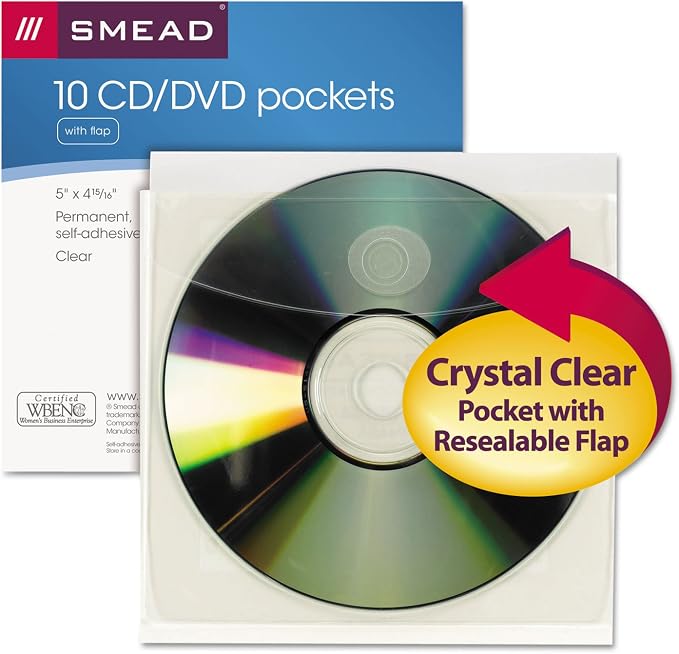 Smead Self-Adhesive Poly Pocket, CD/DVD Size, Resealable Security Flap, Clear, 10 per Pack (68144)