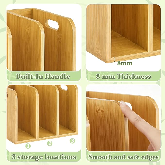 Novabright Bamboo Wooden File Magazine with Handle Holder Desk Organizer, 3 Vertical Compartments Workspace Sorters for Cookbook, Binders, Notebooks, Envelopes, Cook Book Organizer