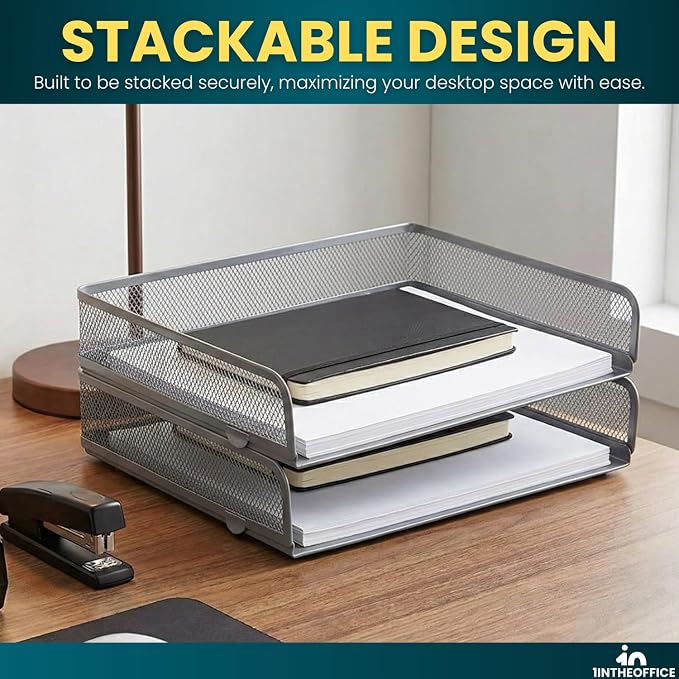 1InTheOffice Desk Tray, Letter Tray, Stackable, Side Load, Silver Mesh, 2 Pack