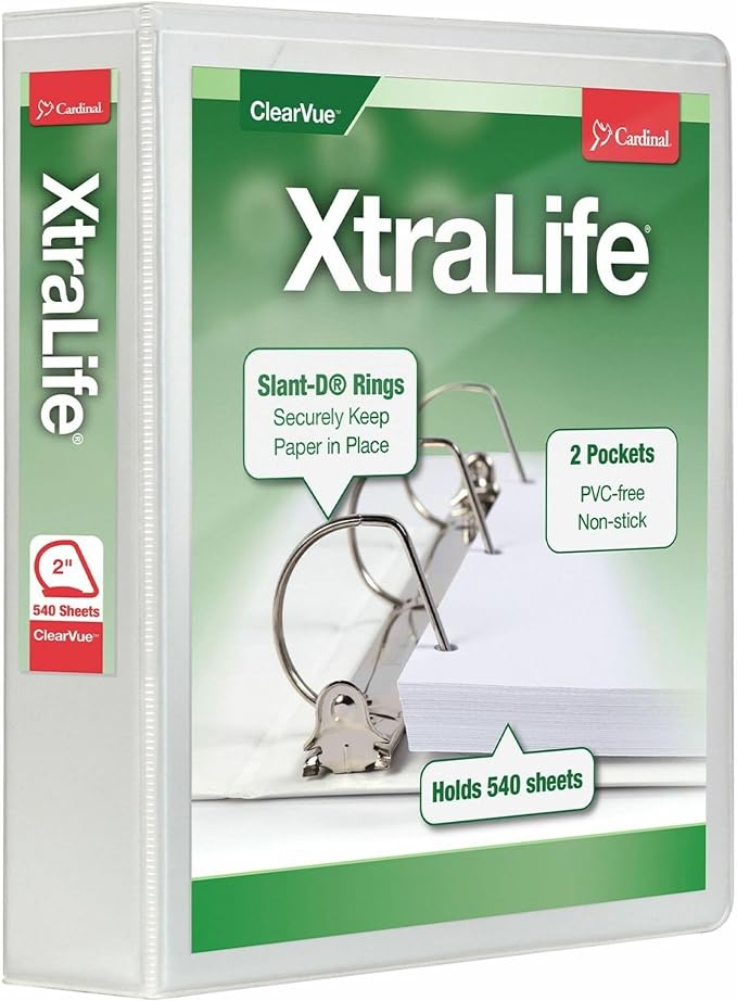 Cardinal 3 Ring Binder, 2 Inch Heavy Duty XtraLife Binder, Locking Slant-D Rings, Crack-Resistant Cover & Spine, ClearVue Covers, Holds 540 Sheets, PVC-Free, White (26320)