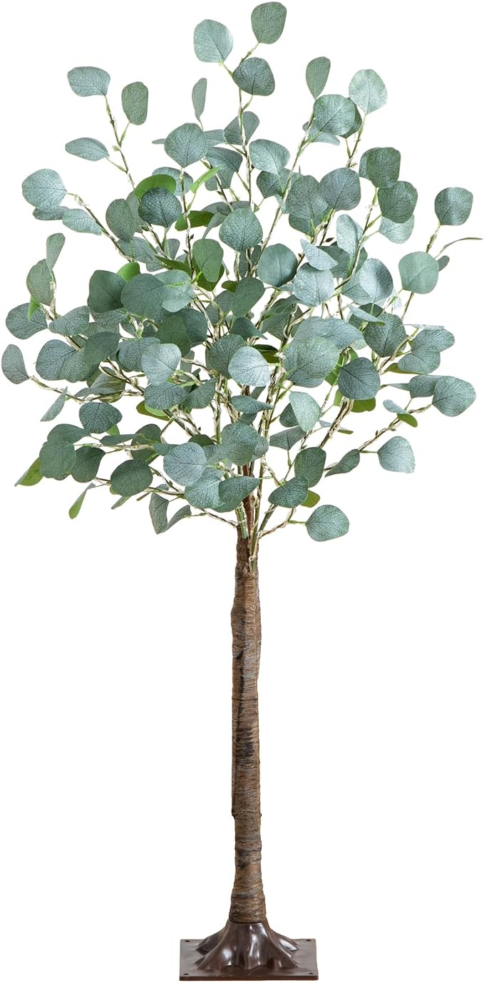 Nearly Natural 4-FT Lighted Artificial Eucalyptus Tree, Faux Eucalyptus Tree in Green for Home & Office Décor with Square Base Stand, 240 Warm White LED Lights