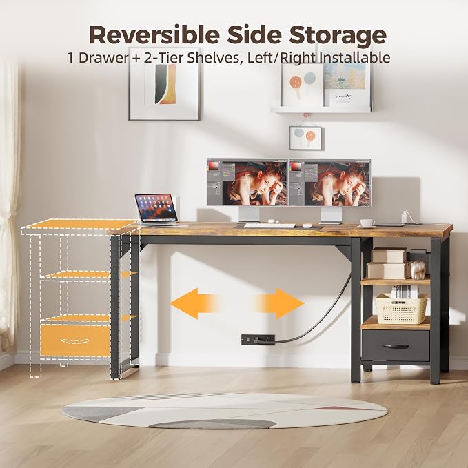 54" Computer Desk with Drawer, 1.2" Thick Reversible Office Desk | Modern Writing Table with Power Outlets & Storage Shelves, Heavy Duty Industrial Executive Desk for Home Bedroom Study Work