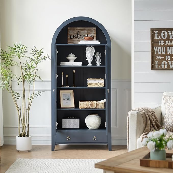 RowyPoey 71" Tall Arched Cabinet Bookshelf with Glass Door & Storage Drawer | Modern Farmhouse Display Cabinet,Adjustable Shelves,Wood Kitchen Pantry for Dining Room,Living Room,Office,Navy Blue