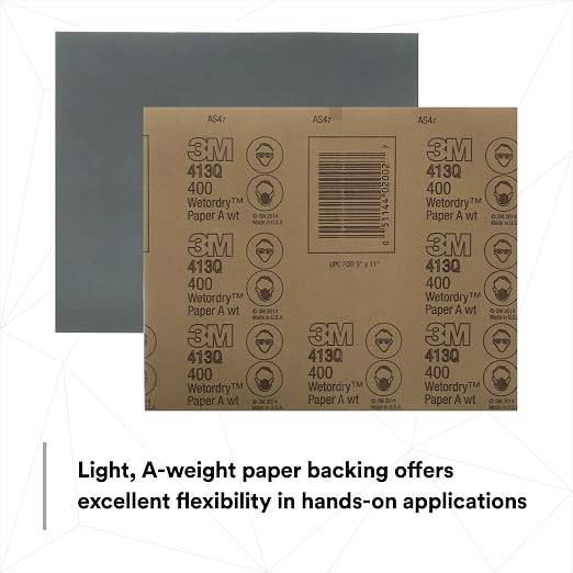 3M Wetordry Abrasive Sheet, 413Q, 02002, 400+ Grade, 9 in x 11 in | 50 Sandpaper Sheets, For Auto Sanding, Metal Sanding, Finishing, Paint Prep