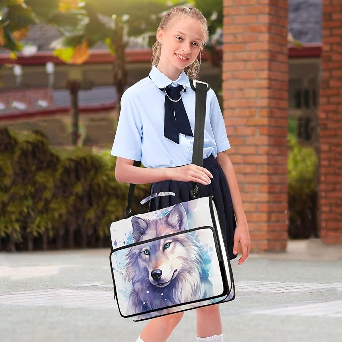 Wolf Watercolor 3 Ring Binder Bag 1.5 inch Binder Organizer with Zipper Shoulder Strap 500 Sheet Documents Storage for School Office
