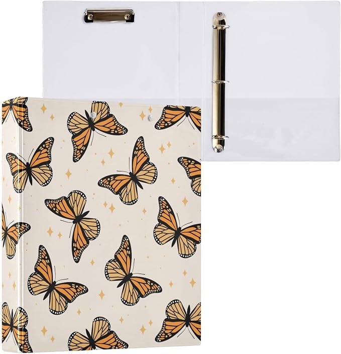 3 Ring Binder 1.5 Inch Brown Monarch Butterflies Clipboards Binders with Interior Pockets Round Ring Binder for Office Supplies and School