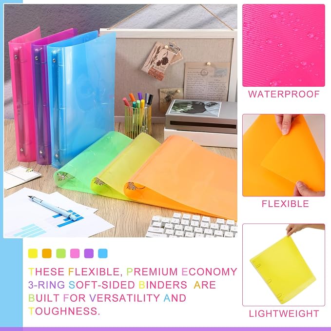 Fulmoon 6 Pack 2 Inch Plastic 3 Ring Binders with Pockets, Neon Colors | Flexible Covers with Round Rings and Front Pockets for Organizing Papers at School, Office, Meetings and Presentations