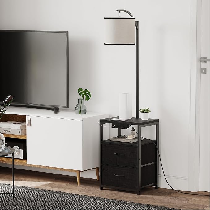 SUNMORY Floor Standing Lamp with Table & 2 Drawers, USB & AC Charging Port | 3 Color Temperature LED Bulb, Modern Nightstand for Bedroom, Shelves End Side Table Lamp for Living Room Home Office, Black