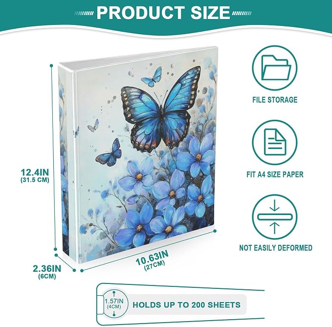 Caikeny 3 Ring Binder Blue Flowers Blue Butterfly 1.5 Inch Binders Round Ring Clipboard with 2 Pockets for Office Supplies