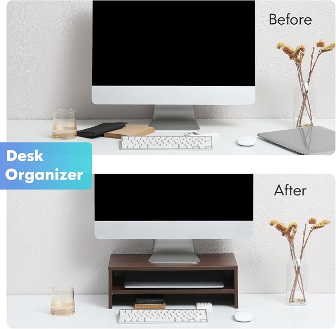 FITUEYES Wooden Monitor Stand Riser, 2-Tier Desk Storage Shelf, Brown | 16.7-Inch Desktop Organizer Fits Laptop, Computer Screen and Office Supplies