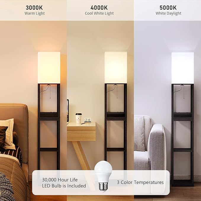 SUNMORY Floor Lamp with Shelves, Solid Wood Shelf Lamps for Living Room | 1 Drawer & 2 USB Ports & 2 Power Outlet, 3 CTT Bulb, Modern Dimmable Standing Lamp, Corner Tall Bookshelf for Bedroom, Office