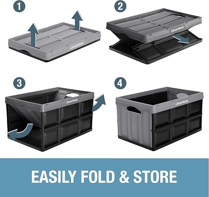 CleverMade Collapsible Storage Bins - Tan 3 Pack 62L - Stackable Containers Heavy Duty Capacity Folding Crates - Space-Saving for Home