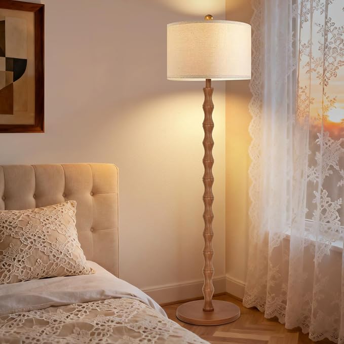 ZECOXOL Wood Floor Lamp with 3 Color Temperatures,Boho Floor Lamp with Remote Control,Dimmable Vintage Floor Lamp Mid Century Modern Standing Lamp Farmhouse Tall Pole Lamp for Living Room Bedroom