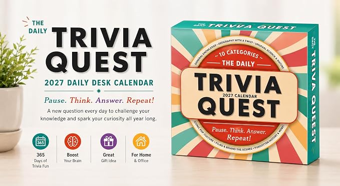 The Daily Trivia Quest 2027 Daily Desk Calendar: Boxed Page-a-Day Calendar for Home and Office Organization with Full-Color Tear-Off Pages & Cardboard Easel