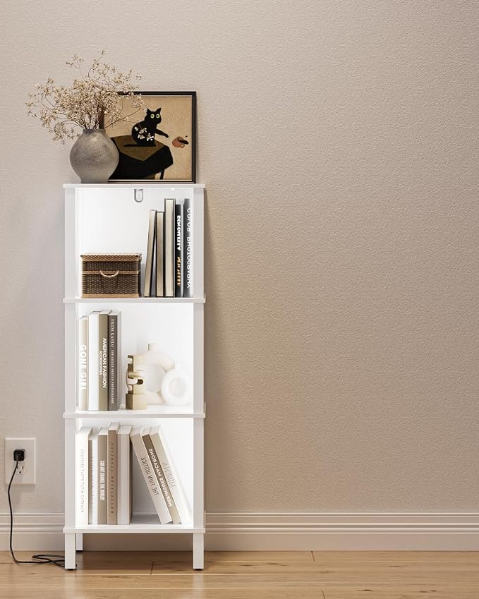 Bookshelf with LED Lights, Modern 3-Tier Bookcase, Open Storage Book Shelf, 11 × 14.2 × 38.9 Inches, Small Narrow Bookshelves for Living Room, Home Office, Bedroom, White