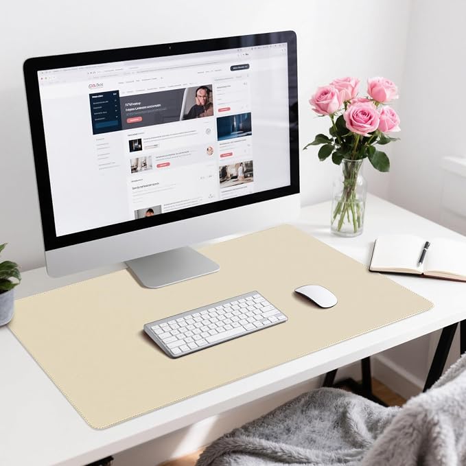 Leather Desk Pad Protector, Office Desk Mat, Large Mouse Pad, Non-Slip PU Leather Desk Blotter, Waterproof Computer Desk Writing Pad for Office and Home (Beige, 36" x 17")