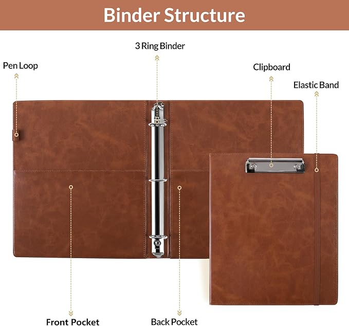 SKYDUE 3 Ring Binder with Clipboard,1 Inch Binder, 13.2" × 10.2" PU Clipboard Binder with Notepad & 5 Dividers with 5 Pockets, Labels, Clipboard Folder Great for School Office(Fit Letter Sized Paper)