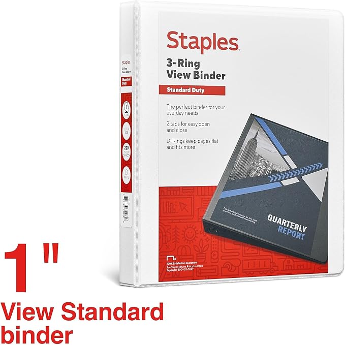 Staples 1-Inch D-Ring View Binder, White – Standard 3-Ring Binder for School, Office & Home Organization