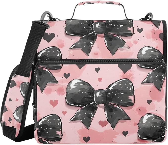 3 Ring Zipper Binder with Shoulder Strap Black Bow Heart Pink 2 Inch Zippered Binder Bag 500 Sheet Capacity Multi Pockets for School Supplies