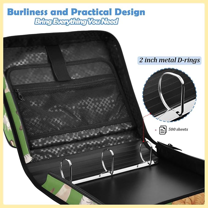 Cat Print Zipper Binder File Organizer Bag 3 D-Ring | with Shoulder Strap, Holds 500 Sheets & 14in Laptop, 3 Ring Binder for Office Supplies