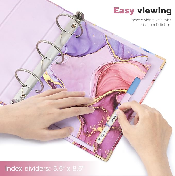 Ospelelf Mini 3 Ring Binder, 2 Inch, Cute Pink Marble Binder for 5.5" x 8.5" with 5 Tab Dividers, File Folder Labels and Low Profile Clipboards
