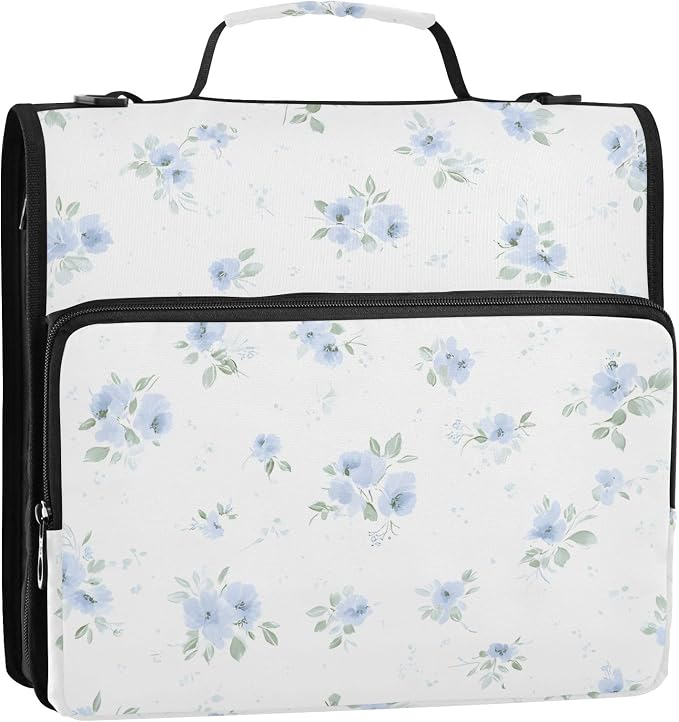 3 D-Ring Zipper Binder Bag, Blue Small Floral Pattern White Removable Binder with Zipper Case Hold 700+ Sheets& 13 Inch Laptop for School Office Supplies Organizer