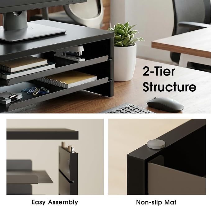 Fenge 14.3-Inch Monitor Stand with Slide-Out Trays, Wood & Metal Desk Shelf | 3-Tier Space-Saving Desk Storage Organizer, Fits Computer, Laptop, Printer and Telephone