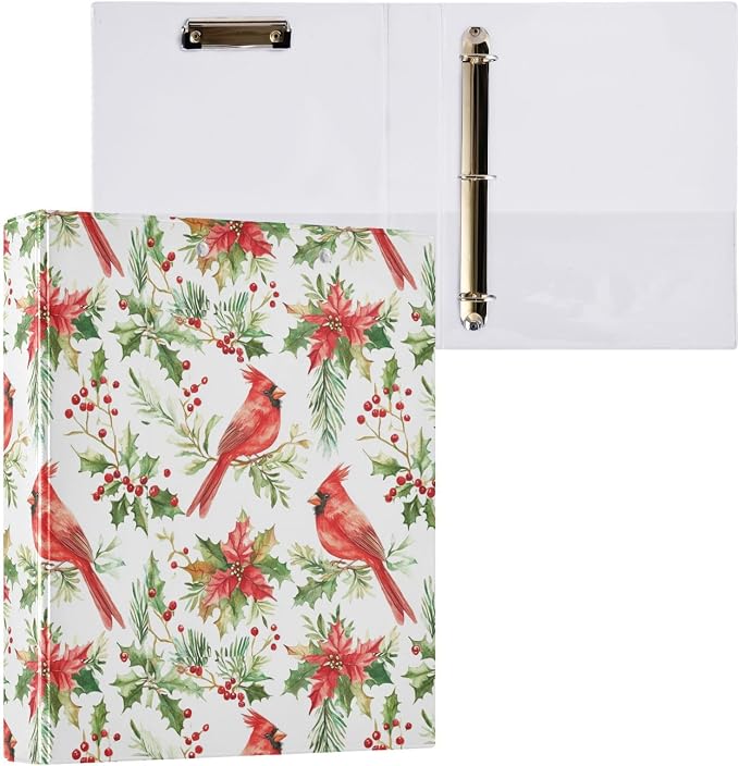 Christmas Red Bird Green Leafs Holy Berry 3 Ring Binder 1.5" Decorative D-Ring Binder with Clipboard&3 Clear Pockets, Holds 200 Sheets A4 Size Paper Waterproof Binders for School Home Office|2 Pack