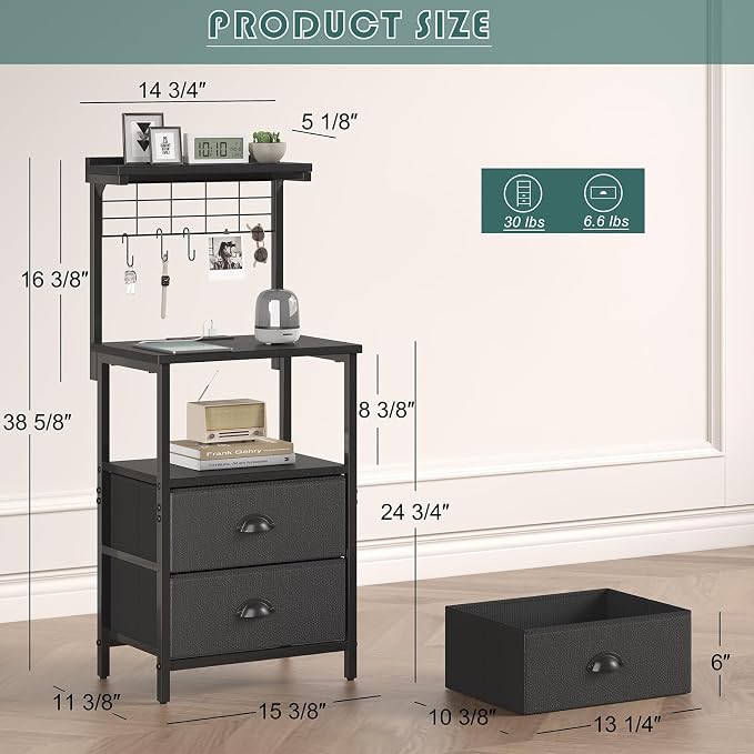 sthmec Bedside Tall Nightstands with Charging Station, LED Bedside Table for Bedroom - 2 PU Fabric Drawers, Hooks, USB/Type-C Ports & Open Bedside Shelves, Black